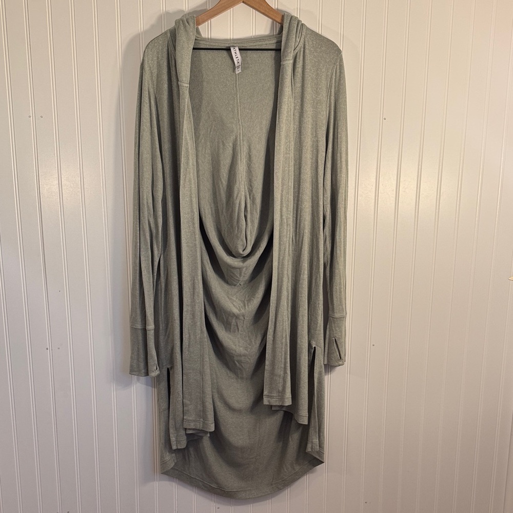 Athleta Light Green Hooded Long Sleeve Midi Cardigan Side Slit Thumb Hole Large - Picture 1 of 11